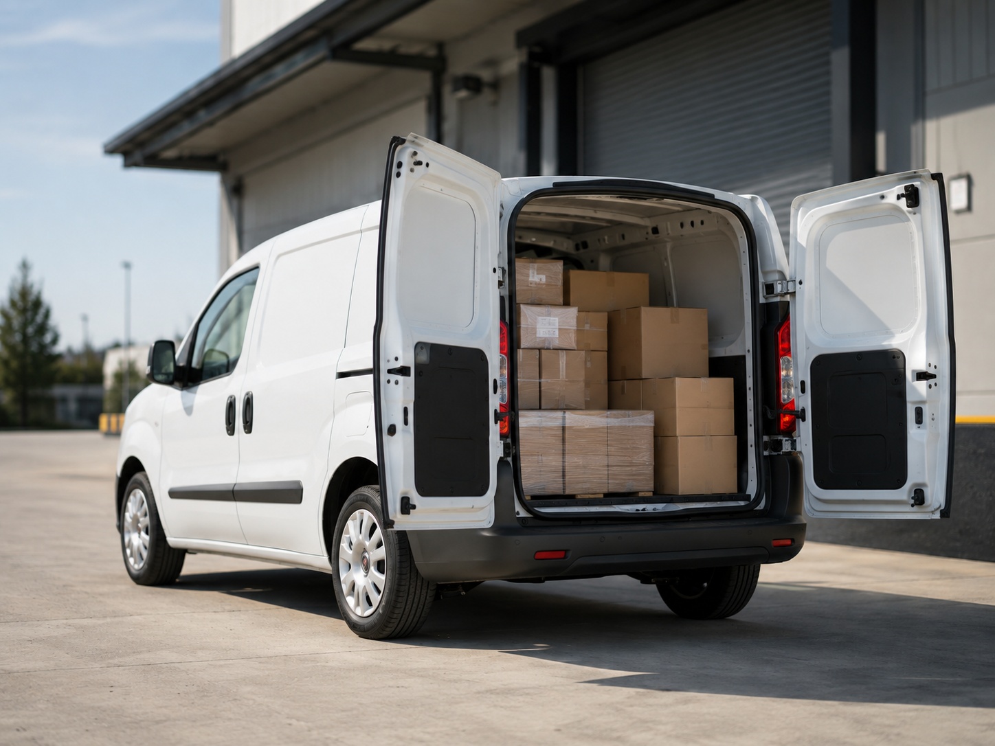 Nico Logistics Fiat Doblo van with rear doors open, loaded with cargo